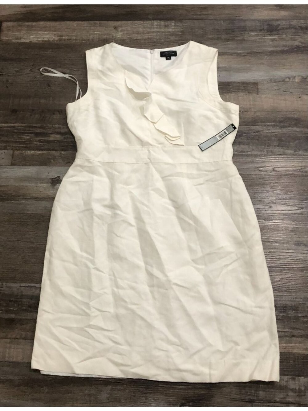 Tahari ASL White Linen Dress Size 14P Ruffle Neckline New with Tags